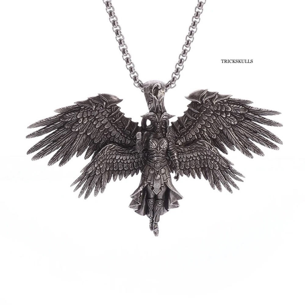 Four Winged Warrior War Goddess Armored Seraphim Retro Pendant 60cm Box Chain